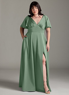 Azazie Kimber Bridesmaid Dresses Matcha A-Line Ruched Stretch Satin Dress image7