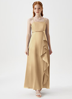 Azazie Kaylee Junior Robe Trapèze en Satiné métallisé avec ceinture Champagne image4