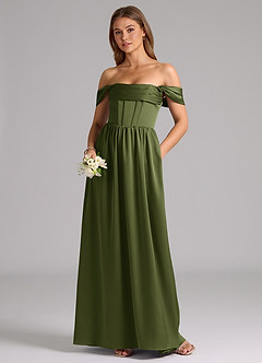 Azazie Hattie Bridesmaid Dresses Olive A-Line Corset Stretch Satin Dress image5