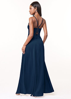 Azazie Maksim Bridesmaid Dresses Dark Navy A-Line V-Neck Stretch Satin Dress image2