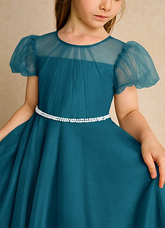 Azazie Duckie Flower Girl Dresses Ink Blue Ball-Gown Pleated Tulle Dress image6