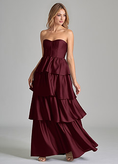 Azazie Faye Bridesmaid Dresses Cabernet A-Line Ruched Stretch Satin Dress image6