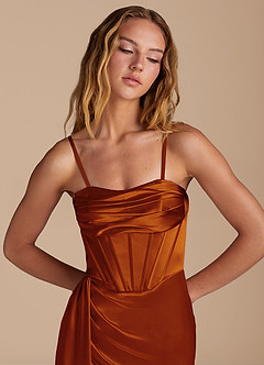 Azazie Amyra At-home Try On Dresses Auburn Mermaid Sweetheart Neckline Metallic Satin Convertible Dress image2