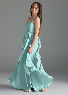 Azazie Peyton Junior Aqua A-Line V-Neck Cascading Ruffles Chiffon Dress image4
