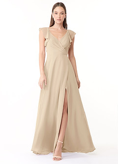 Azazie Yoko Bridesmaid Dresses Champagne A-Line Ruched Chiffon Dress image1