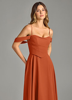 Azazie Chelsey Abiti da Damigella Abito Convertibile A-Line in Chiffon a Spalla Scoperta Arancia Bruciata image2