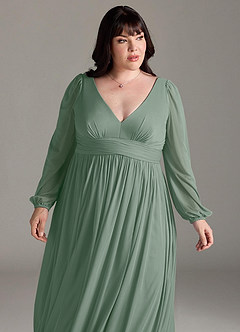 Azazie Norah Brautjungfernkleider A-Linie Lange Ärmel mit V-Ausschnitt Chiffon Kleid Silberner Salbei image12