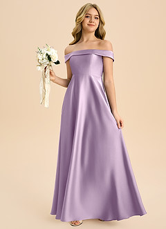 Azazie Sissy Junior Frosted Lilac A-Line Off the Shoulder Stretch Satin Dress image3