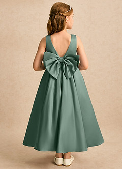 Azazie Cali Blumenmädchenkleider A-Linie Schleifen Matte Satin Kleid Eukalyptus image3