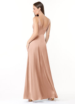 Azazie Dalilah Bridesmaid Dresses Rose Gold A-Line V-Neck Pleated Stretch Satin Dress image2