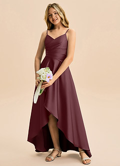 Azazie Eirlys Junior Sangria A-Line Pleated Stretch Satin Dress image4