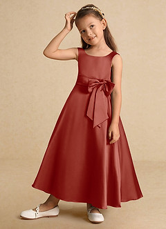 Azazie Lindy Flower Girl Dresses Terracotta A-Line Pleated Matte Satin Dress image4