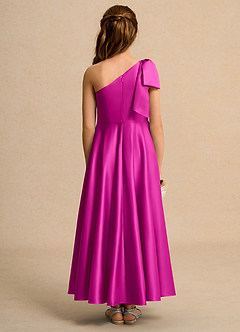 Azazie Guppy Girls Formal Flower Girl Dresses Fuchsia A-Line One Shoulder Matte Satin Dress image2