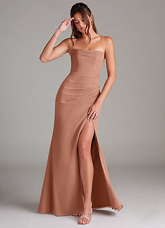 Azazie Leonis Bridesmaid Dresses Champagne Rose Sheath Strapless Chiffon Convertible Dress image1