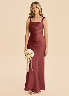 Azazie Agustina Junior Terracotta Sheath Pleated Stretch Satin Dress image4