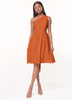 Azazie Katrina Robes de demoiselle d'honneur Robe Trapèze en Mousseline de soie Ue épaule Cannelle image1
