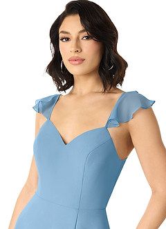 Azazie Everett Vestidos de damas de honor Vestido de Azul Acero de Gasa de Corte en A con Cuello en V fruncido image4