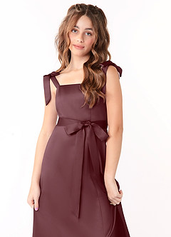 Azazie Barbara Junior Sangria A-Line Bow Stretch Satin Dress image5