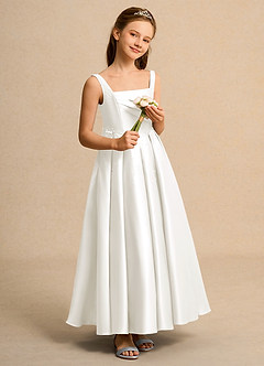 Azazie Mochi Girl Jurken voor bloemenmeisjes Baljurk Jurk van Mat Satijn Geplooid Ivoor image4