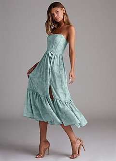 Azazie Delphina Brautjungfernkleider Wandelbar A-Linie Schulterfrei Blumen-Burnout Kleid Nebel image5