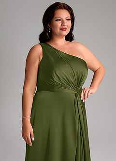 Azazie Brooke Brautjungfernkleider A-Linie One-Shoulder Stretch-Satin Kleid Helles Olivgrün image14