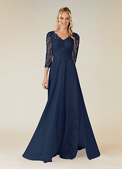 Azazie Noella Mère de la mariée Robes Robe Trapèze en Mousseline de soie Col V Dentelle Bleu Marine Foncé image1
