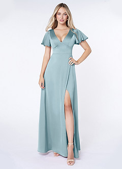 Azazie Lani Bridesmaid Dresses Moody Blue A-Line Flounce Sleeve Stretch Satin Dress image1