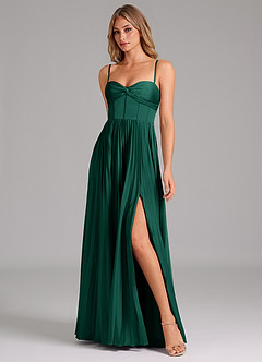 Azazie Akiko Abiti da Damigella Abito A-Line in Raso Elasticizzato Scollo a Cuore Smeraldo image4