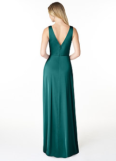 Azazie Nelly Bridesmaid Dresses Peacock A-Line V-Neck Pleated Stretch Satin Dress image2