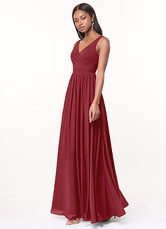 Azazie Keyla Brautjungfernkleider A-Linie V-Hals Gefaltet Chiffon Kleid Granatapfelrot image2