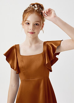 Azazie Bondi Junior Copper A-Line Side Slit Metallic Satin Dress image5