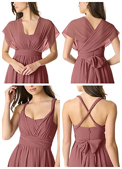 Azazie Olani At-home Try On Dresses Dusty Blue A-Line Off the Shoulder Chiffon Convertible Dress image6