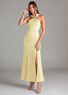 Azazie Rue Bridesmaid Dresses Lemon Sorbet Mermaid Pleated Stretch Satin Dress image1