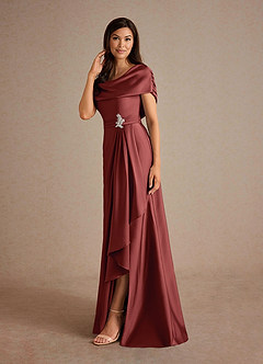 Azazie Branford Mother of the Bride Dresses Terracotta A-Line Pleated Stretch Satin Dress image2