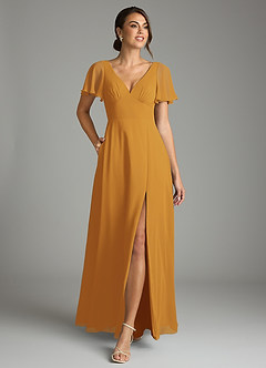 Azazie Kimber Bridesmaid Dresses Butterscotch A-Line Flounce Sleeve Chiffon Dress image4