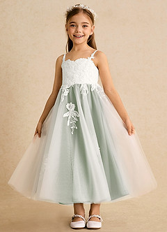 Azazie Coraline Blumenmädchenkleider A-Linie Spitze Kleid Elfenbein Staubiger Salbei image4