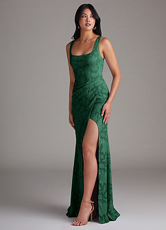 Azazie Mero Bridesmaid Dresses Dark Green Sheath Pleated Floral Burnout Dress image2