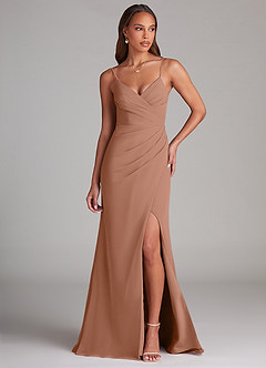 Azazie Maci Abiti da Damigella Abito Tubino in Chiffon Plissettato Bronzo image1