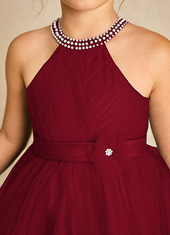 Azazie Honey Flower Girl Dresses Burgundy A-Line Beaded Matte Satin Dress image6