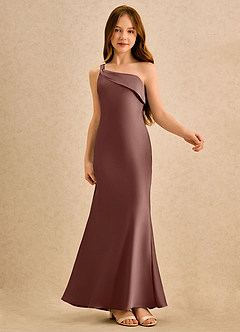 Azazie Almond Girls Formal Robe Demoiselle D'honneur Fillette Robe Fourreau en Satin extensible Une épaule Expresso image6
