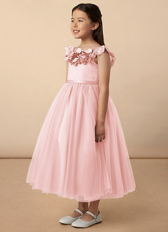 Azazie Demetra Flower Girl Dresses Blushing Pink A-Line Lace Tulle Dress image2