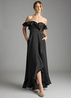 Azazie Lyra Bridesmaid Dresses Black A-Line Off the Shoulder Stretch Satin Convertible Dress image1