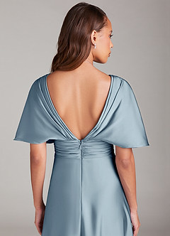 Azazie Pamela Robes de demoiselle d'honneur Robe Trapèze en Satin extensible Plissée Bleu Poussiéreux image6