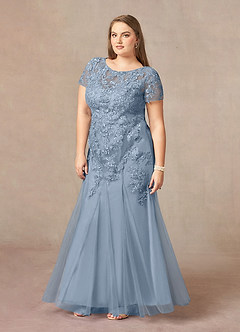 Azazie Laurie vestidos de madre de la novia Vestido de Azul Polvoriento de Tul de Sirena con Scoop Lentejuelas image9