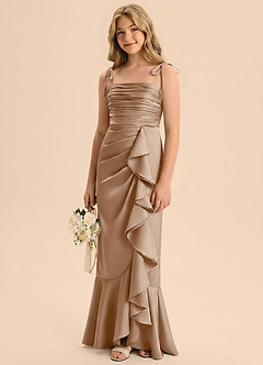 Azazie Ryan Junior Taupe Sheath Bow Stretch Satin Dress image4