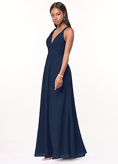 Azazie Maren Robes de demoiselle d'honneur Robe Trapèze en Mousseline de soie Plissée Bleu Marine Foncé image3