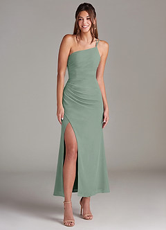 Azazie Eren Robes de demoiselle d'honneur Robe Sirène en Mousseline de soie Une épaule Sauge D'argent image3