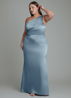 Azazie Akilah Vestidos de damas de honor Vestido Azul Polvoriento de Satén Elástico de Corte Sirena con Un hombro image10