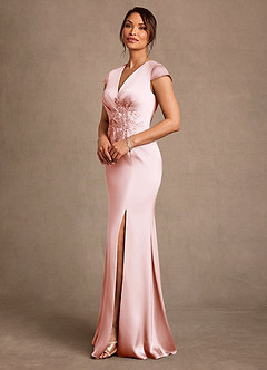 Azazie Rilda 신부의 어머니 드레스 쉬스 레이스 스트레치 새틴 플로어 길이 드레스 image2