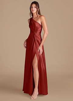 Azazie Brooke Bridesmaid Dresses Rust A-Line One Shoulder Metallic Satin Dress image4